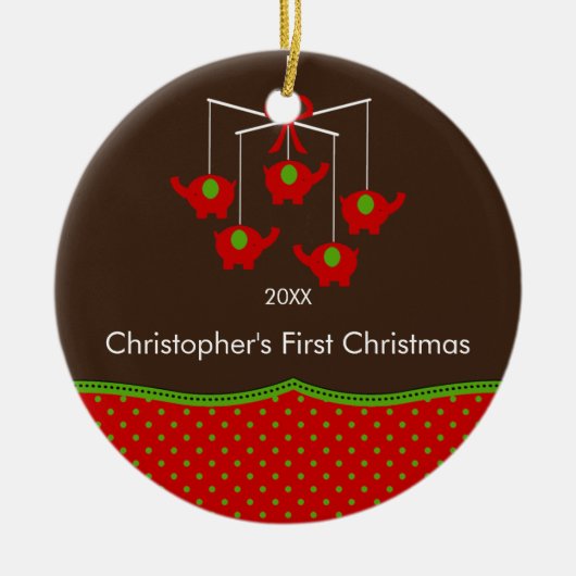 エレファントモバイルベビーの初めてのクリスマスオーナメント セラミックオーナメント (正面)