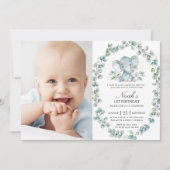 エレファントユーカリプトゥスグリーンリーボーイ誕生日写真 招待状 (正面)