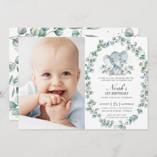 エレファントユーカリプトゥスグリーンリーボーイ誕生日写真 招待状 (正面/裏面)
