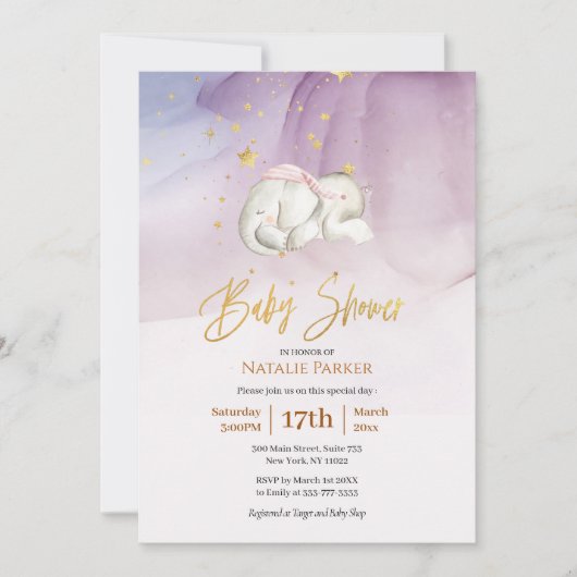 エレファントリトルスターウォーター色ベビーシャワー 招待状 (正面)