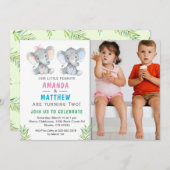 エレファントリトルピーナッツツインボーイガール誕生日 招待状 (正面/裏面)