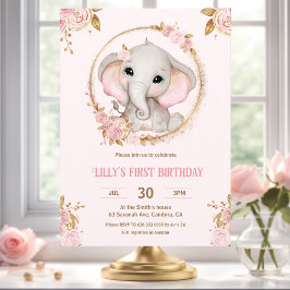 エレファントリトルピーナッツピンクガール1st誕生日 招待状