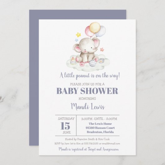 エレファントリトルピーナッツボーイ赤ちゃんシャワー招待状 招待状 (正面/裏面)
