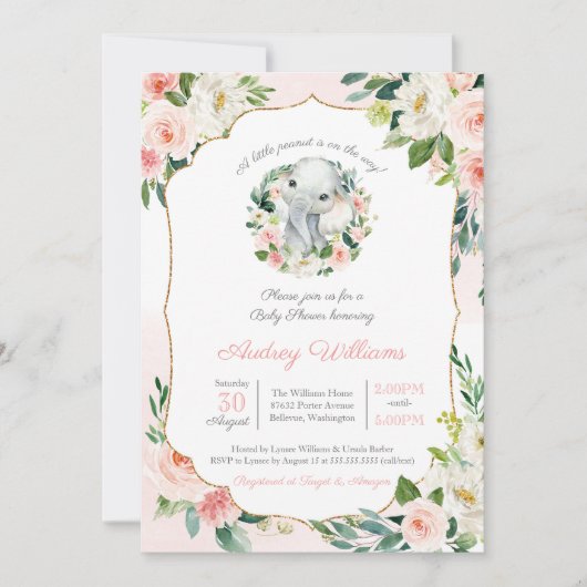 エレファントリトルピーナッツラッシュピンクガールベビーシャワー 招待状 (正面)