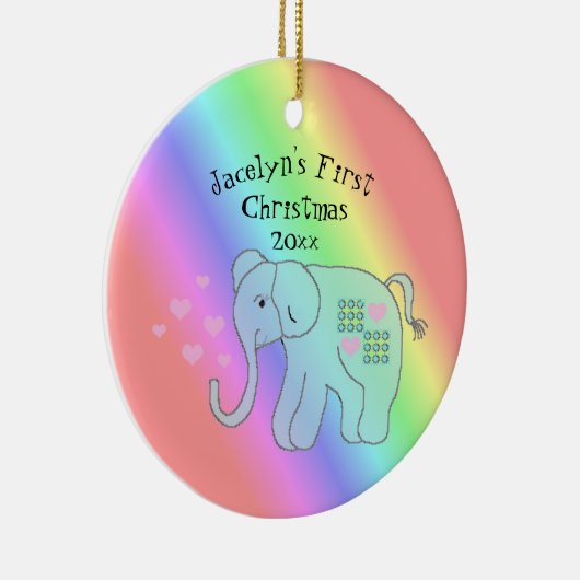 エレファントレインボーカラーベビー初めてのクリスマス セラミックオーナメント (右)