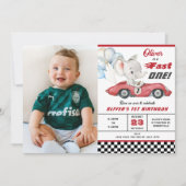 エレファントレッドレースカーファーストワン1st第1誕生日 招待状 (正面)