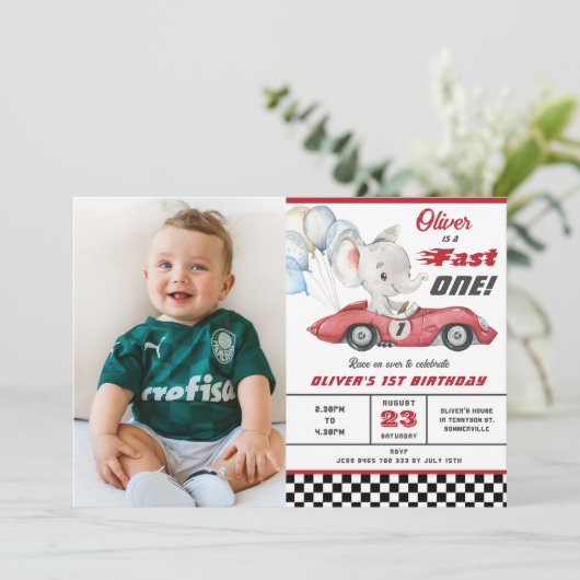 エレファントレッドレースカーファーストワン1st第1誕生日 招待状 (スタンド正面)