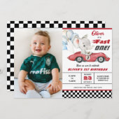 エレファントレッドレースカーファーストワン1st第1誕生日 招待状 (正面/裏面)