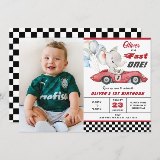 エレファントレッドレースカーファーストワン1st第1誕生日 招待状 (正面/裏面)