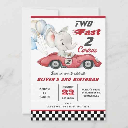 エレファントレッドレースカー2速2番目の誕生日 招待状 (正面)