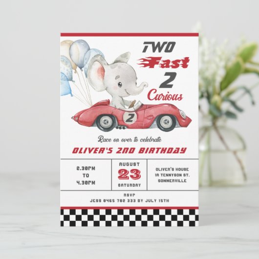 エレファントレッドレースカー2速2番目の誕生日 招待状 (スタンド正面)