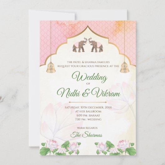 エレファント招待状とインディアン結婚式招待状 招待状 (正面)