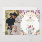 エレファント赤面ピンクパープルフローラガールベビーシャワー サンキューカード (正面)