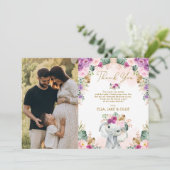 エレファント赤面ピンクパープルフローラガールベビーシャワー サンキューカード (スタンド正面)