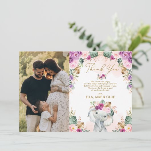 エレファント赤面ピンクパープルフローラガールベビーシャワー サンキューカード (スタンド正面)