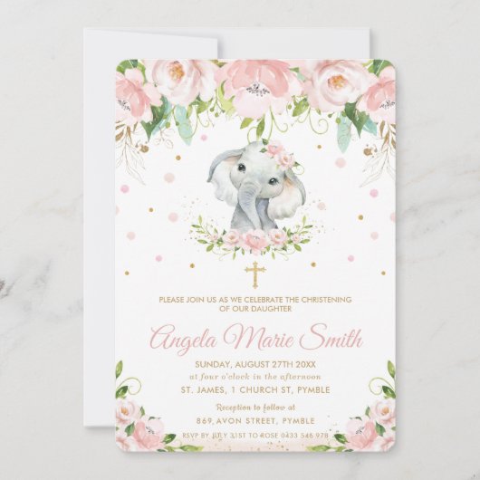 エレファント赤面ピンクフローラ洗礼《キリスト教》洗礼式や命名式 招待状 (正面)