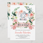 エレファント赤面ピンクフローラIt 素朴 is a Garlベビー 招待状 (正面/裏面)