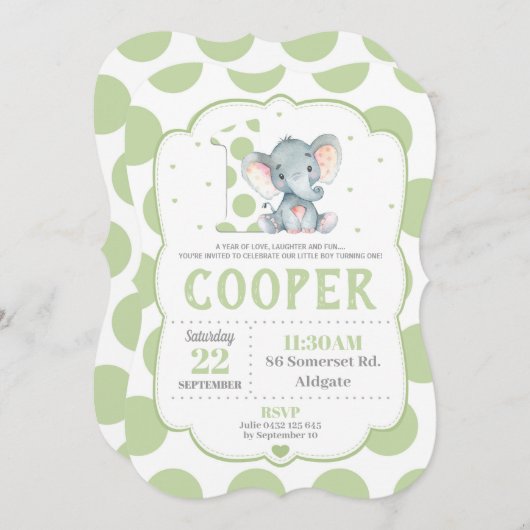 エレファント1日招待状グリーン水玉模様 招待状 (正面/裏面)