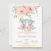 エレファント·ツインズ·ボーイ·ガール·ベイビー·シャワー·ピンク·フローラ 招待状 (正面)