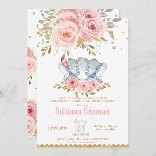 エレファント·ツインズ·ボーイ·ガール·ベイビー·シャワー·ピンク·フローラ 招待状 (正面/裏面)