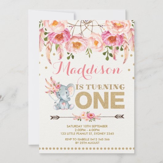 エレファント·ドリームキャッチャー招待状ピンク金ゴールドフローラ 招待状 (正面)