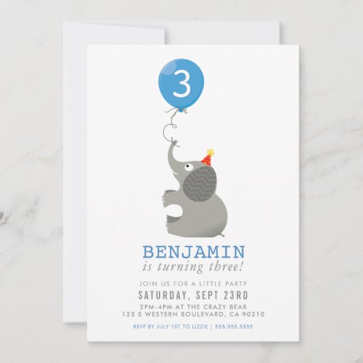 エレファント&バルーンかわいい誕生日パーティー招待状ブルー 招待状 (正面)