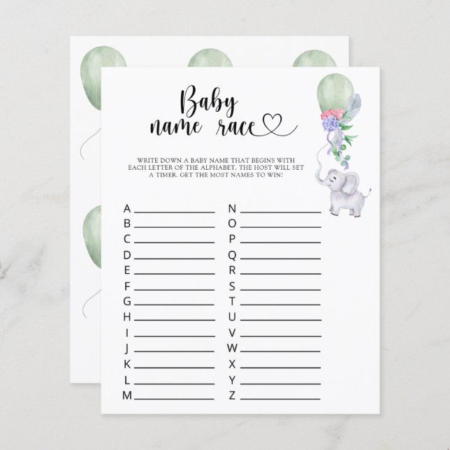 エレファント&バルーン – ベビー名レースゲーム (正面/裏面)