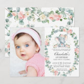 エレファント ピンク フローラル グリーンの1歳誕生日写真 招待状 (正面/裏面)