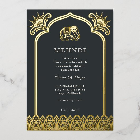 エレファント&ヘナデザインパターンインディアンメンディ金ゴールド 箔招待状 (正面)