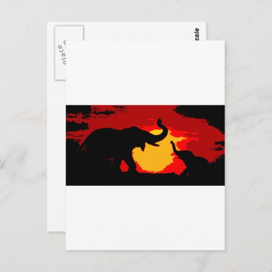 エレファント、ベビーエレファント&サンセット ポストカード (正面/裏面)