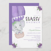 エレファント ホットエアバルーン パープル フラワーベイビーシャワー 招待状 (正面/裏面)