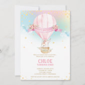 エレファント·ホット·エア·バルーン1歳の誕生日ガール 招待状 (正面)