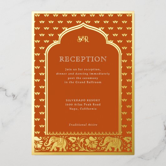 エレファント&ロータスフラワーインディアンウェディングレセプション 箔招待状 (正面)