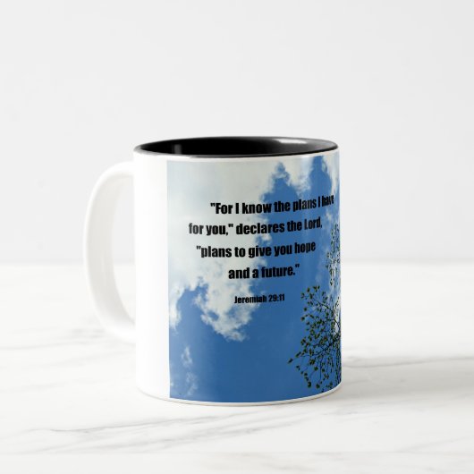 エレミヤ29:11わたしはあなたのために持っている計画を知っている ツートーンマグカップ (正面左)