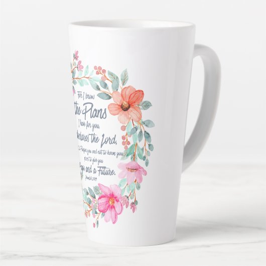 エレミヤ29:11わたしは計画を知っているピンクのフローラ カフェラテマグ (右アングル)