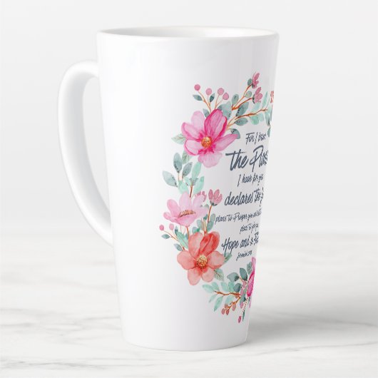 エレミヤ29:11わたしは計画を知っているピンクのフローラ カフェラテマグ (左アングル)