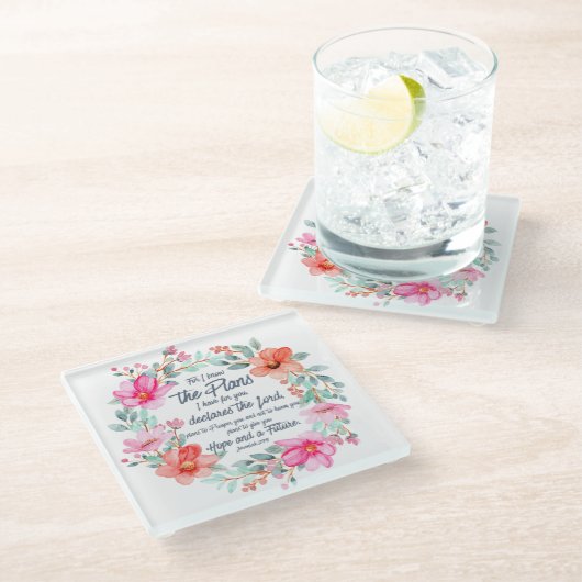 エレミヤ29:11わたしは計画を知っているピンクのフローラ ガラスコースター (アングル)