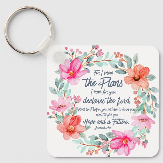 エレミヤ29:11わたしは計画を知っているピンクのフローラ キーホルダー (正面)