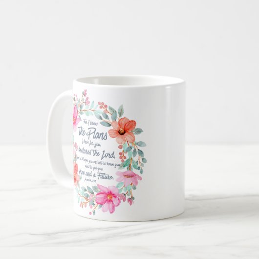 エレミヤ29:11わたしは計画を知っているピンクのフローラ コーヒーマグカップ (正面左)
