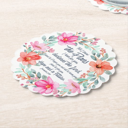 エレミヤ29:11わたしは計画を知っているピンクのフローラ ペーパーコースター (アングル)