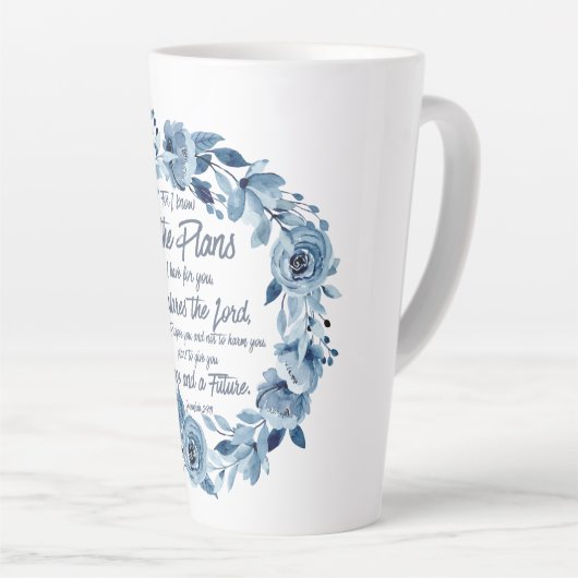 エレミヤ29:11わたしは計画を知っている青いフローラ カフェラテマグ (右アングル)