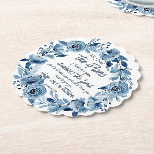 エレミヤ29:11わたしは計画を知っている青いフローラ ペーパーコースター (アングル)