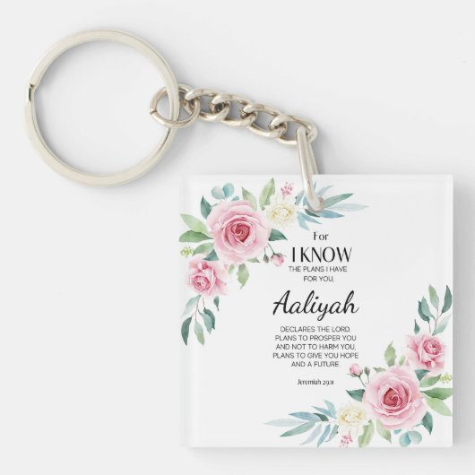 エレミヤ29:11ピンクのバラがパーソナライズされた キーホルダー (正面)