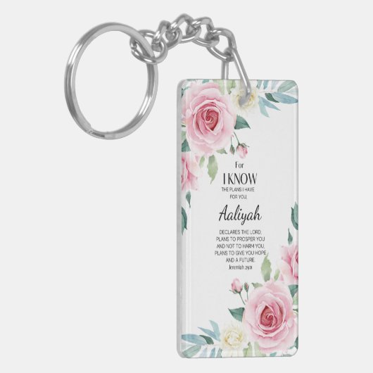 エレミヤ29:11ピンクのバラがパーソナライズされた キーホルダー (正面左)