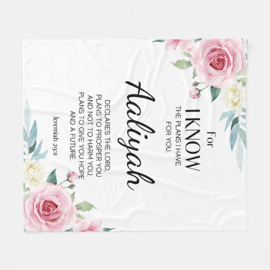 エレミヤ29:11ピンクのバラがパーソナライズされた フリースブランケット (正面(横))