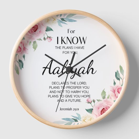 エレミヤ29:11ピンクのバラがパーソナライズされた 壁時計 (正面)