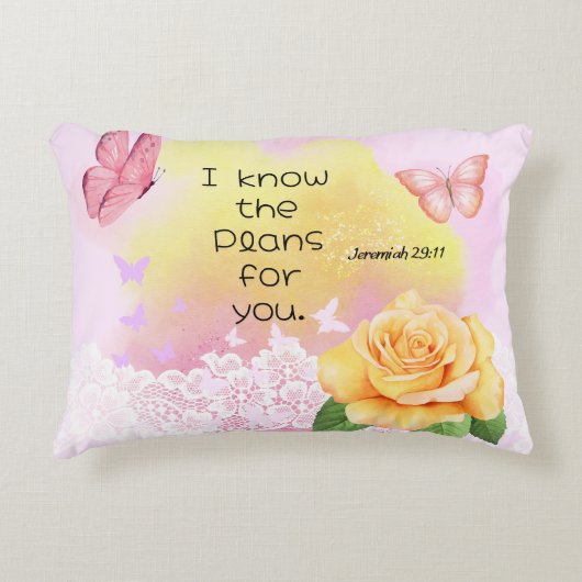 エレミヤ29:11聖書の聖句ピンクイエローバタフライ アクセントクッション (正面)
