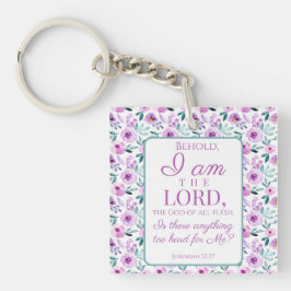 エレミヤ32:27紫色の花の背景 キーホルダー