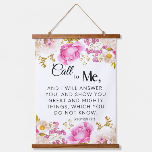 エレミヤ33:3呼び出し私ピンクのフローラ聖なる書物、 経典 吊り下げ型タペストリー (正面)