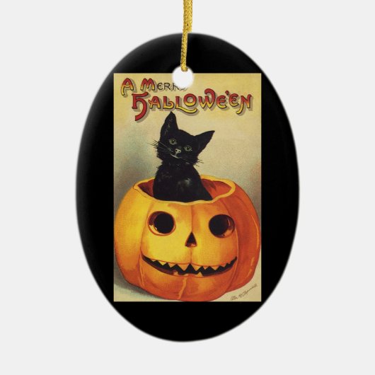 エレンメリークラッサドルのハロウィーン、ヴィンテージ猫 セラミックオーナメント (正面)